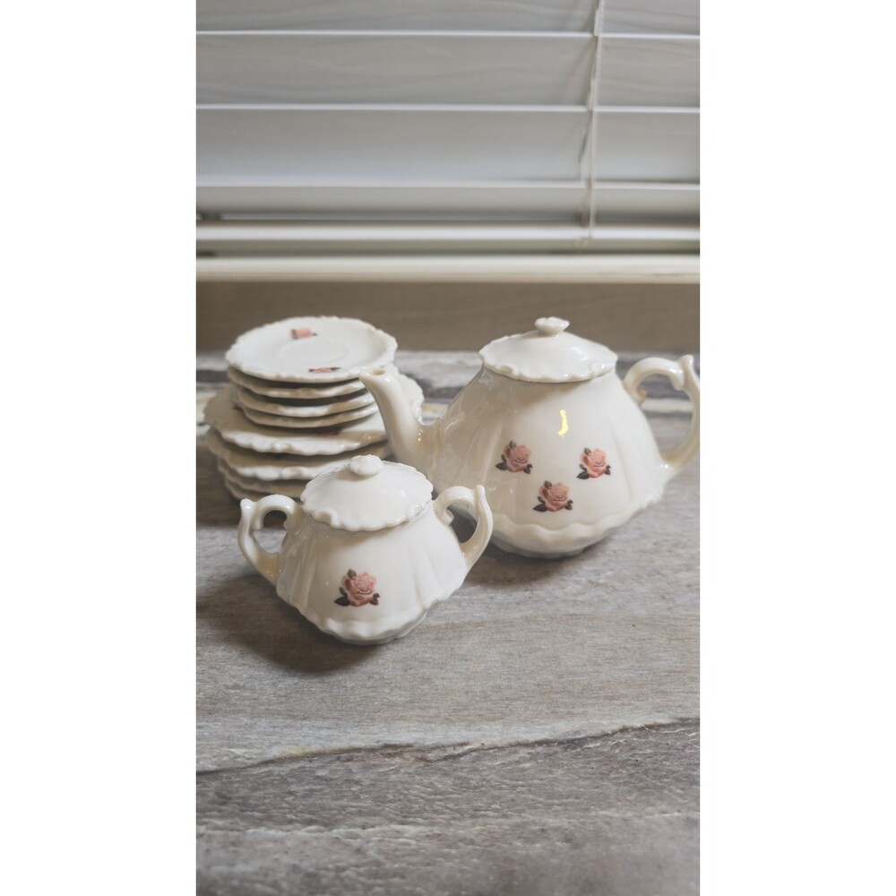 Vintage Miniature Porcelain Tea Set White Pink Rose Scalloped Teapot Sugar Bowl - Picture 4 of 16